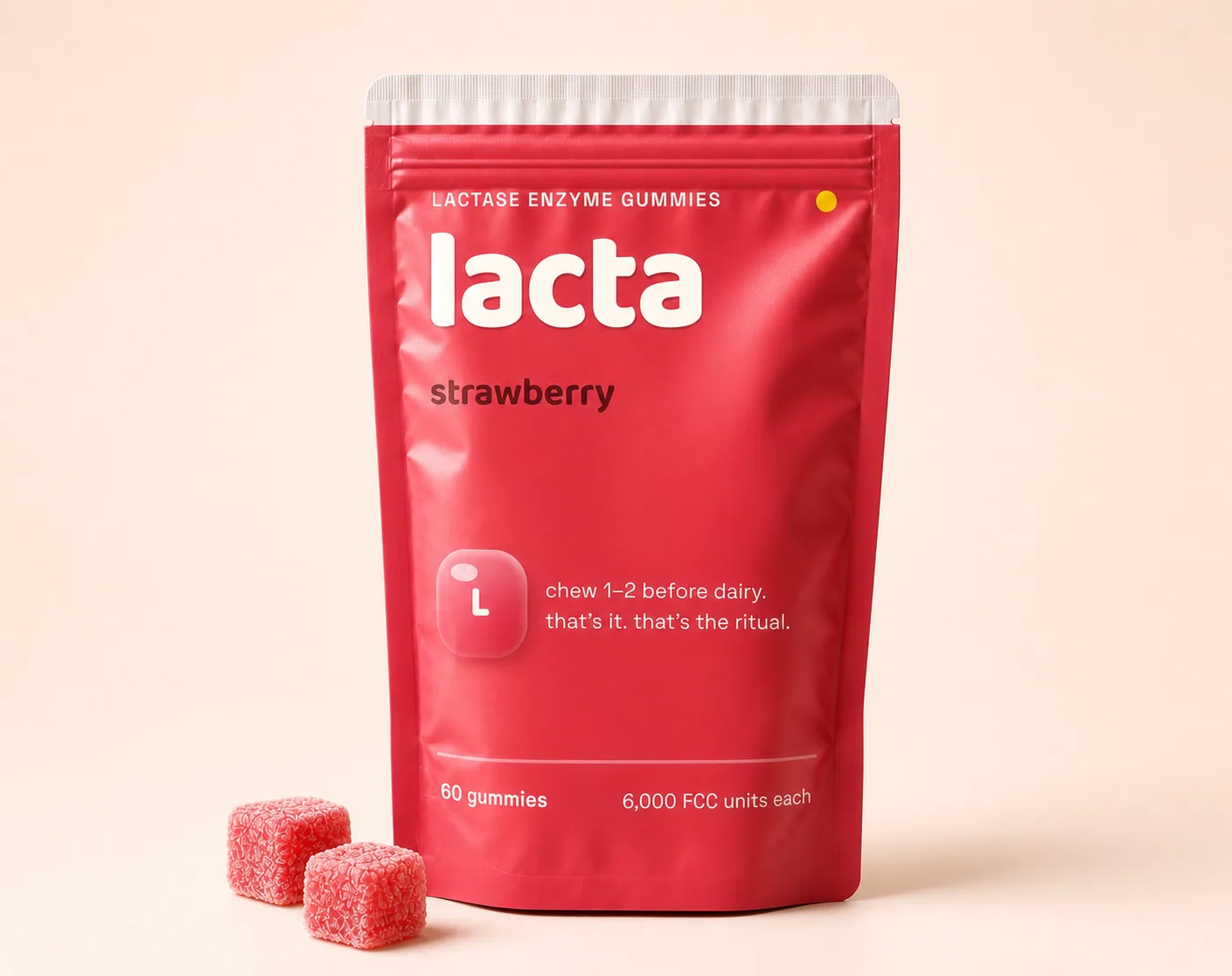 Lacta strawberry pouch with scattered gummies